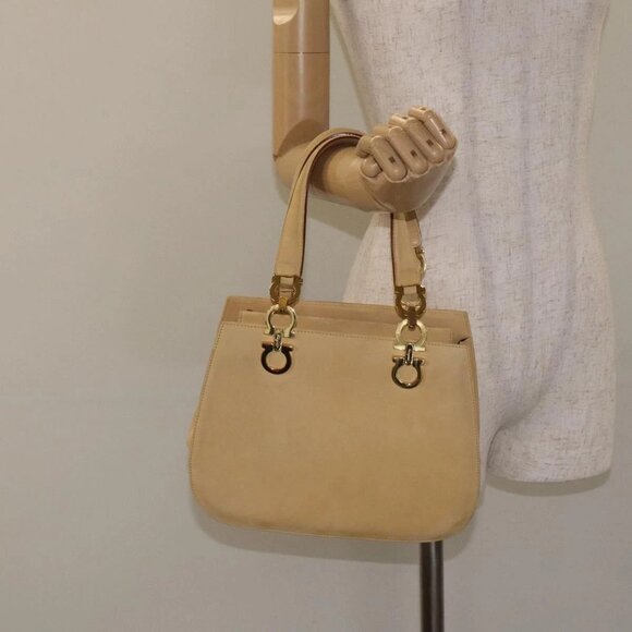 Salvatore Ferragamo Gancini Hand Bag Suede Beige Gold - Picture 15 of 16